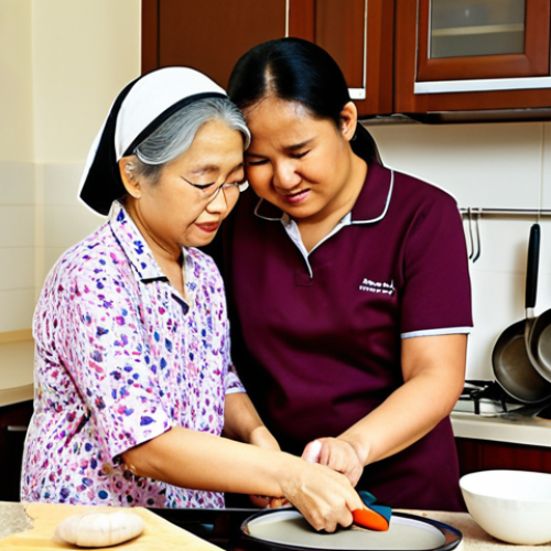 Home 4 **
A caring occupational therapist assisting a Malay woman in her home kitchen. The woman is using adaptive utensils with built-up handles to prepare a meal. Focus on the ergonomic design of the tools and the warm, supportive interaction. Background could show a well-lit, tidy Malay kitchen. (Keywords: Occupational Therapy, Adaptive Utensils, Home Modification, Malay Culture, Kitchen, Elderly Care, Disability Aid)
**