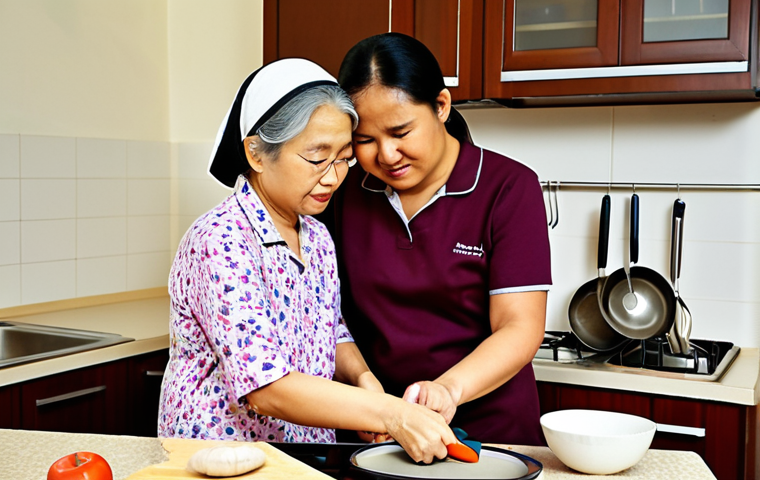 **
A caring occupational therapist assisting a Malay woman in her home kitchen. The woman is using adaptive utensils with built-up handles to prepare a meal. Focus on the ergonomic design of the tools and the warm, supportive interaction. Background could show a well-lit, tidy Malay kitchen. (Keywords: Occupational Therapy, Adaptive Utensils, Home Modification, Malay Culture, Kitchen, Elderly Care, Disability Aid)
**