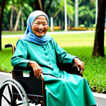 Mobility Assistance - Wheelchair in a Park**

"An elderly Malay woman, fully clothed in a modest baju kurung, smiles warmly while sitting in a modern wheelchair in a lush, green Malaysian park. The wheelchair has comfortable cushioning and ergonomic features. The scene is bright and cheerful, showcasing the woman's independence. safe for work, appropriate content, professional, perfect anatomy, natural proportions, well-formed hands."

**