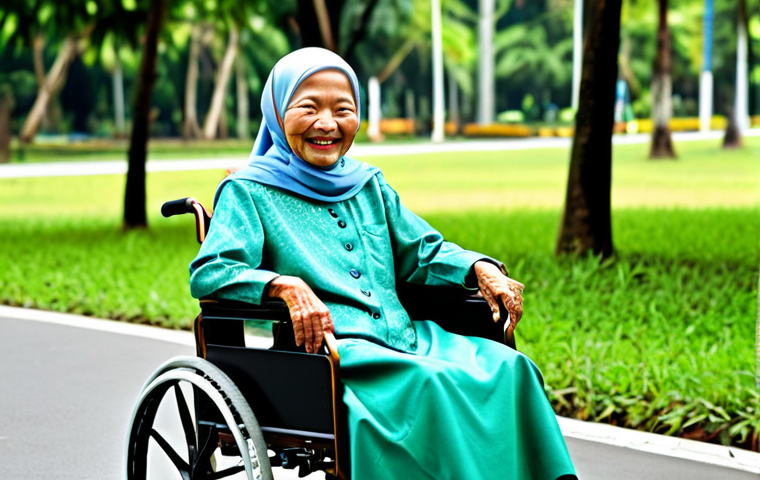 Mobility Assistance - Wheelchair in a Park**

"An elderly Malay woman, fully clothed in a modest baju kurung, smiles warmly while sitting in a modern wheelchair in a lush, green Malaysian park. The wheelchair has comfortable cushioning and ergonomic features. The scene is bright and cheerful, showcasing the woman's independence. safe for work, appropriate content, professional, perfect anatomy, natural proportions, well-formed hands."

**