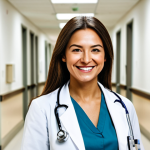 **

A female doctor in a white coat, stethoscope around her neck, smiling warmly in a brightly lit hospital hallway, fully clothed, appropriate attire, safe for work, perfect anatomy, natural proportions, professional photograph, high quality, modest.

**