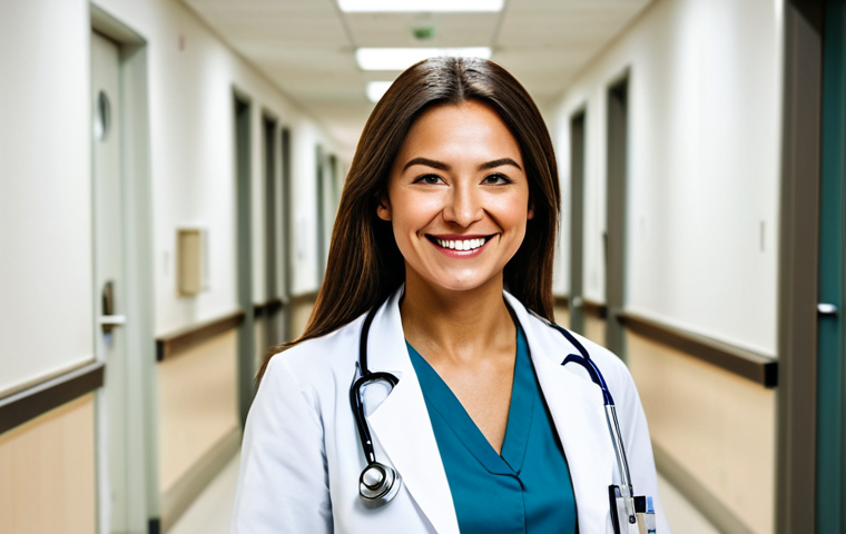 **

A female doctor in a white coat, stethoscope around her neck, smiling warmly in a brightly lit hospital hallway, fully clothed, appropriate attire, safe for work, perfect anatomy, natural proportions, professional photograph, high quality, modest.

**